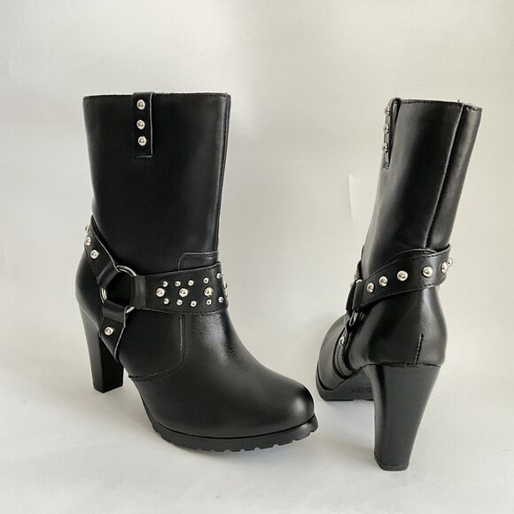 Ride Tecs Biker Studded Heeled Boots with Harness Black 9 - Picture 3 of 13